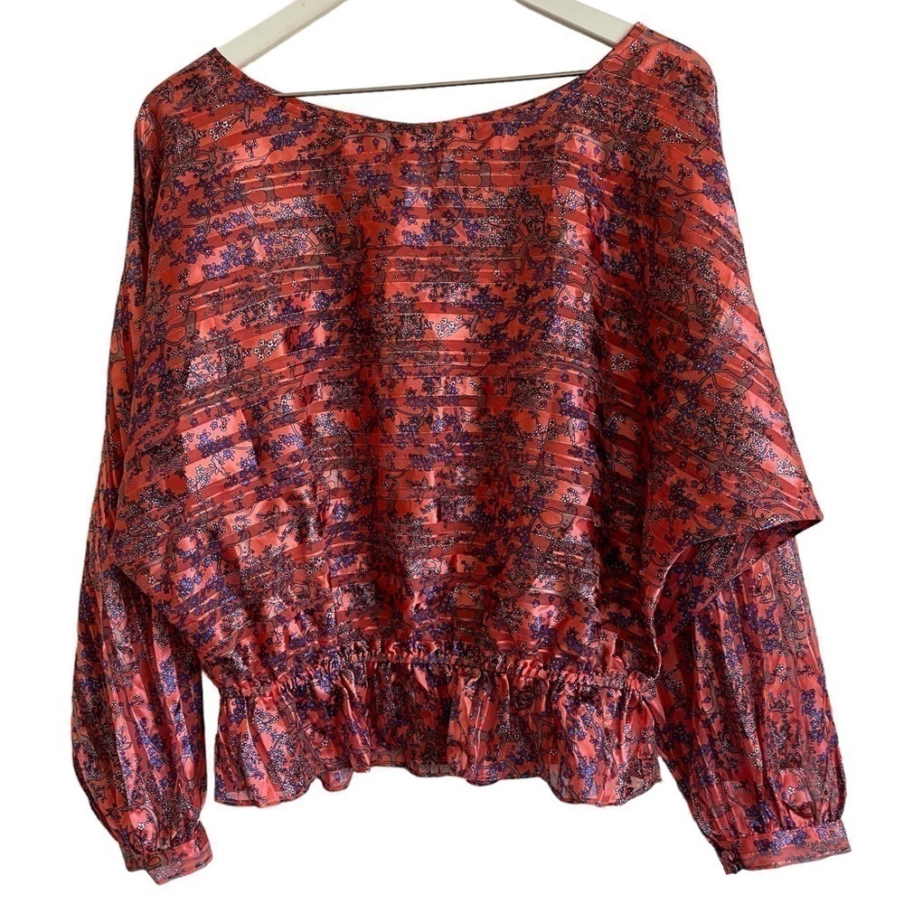 Free People Sheer Metallic Floral Ruffle Hem Top, Size M
